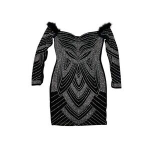 Women’s Black Beaded Long Sleeve Mesh Bodycon Mini Dress Glam Party NYE Sz XL